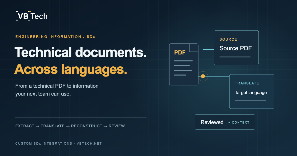 Multilingual technical document workflow: source PDF, target language and review